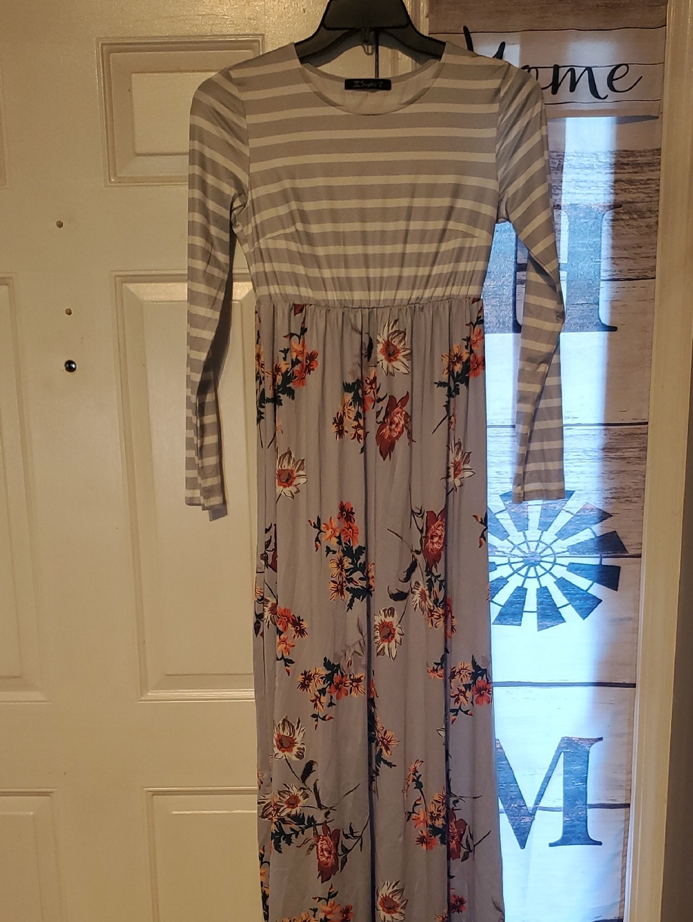 Simplee Apparel Gray Striped Top Floral Long Sleeve Maxi Dress